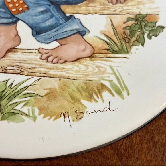 Vintage ceramic wood trivet kitchen hot pad decor art boy with  butterfly - Picture 7 of 12